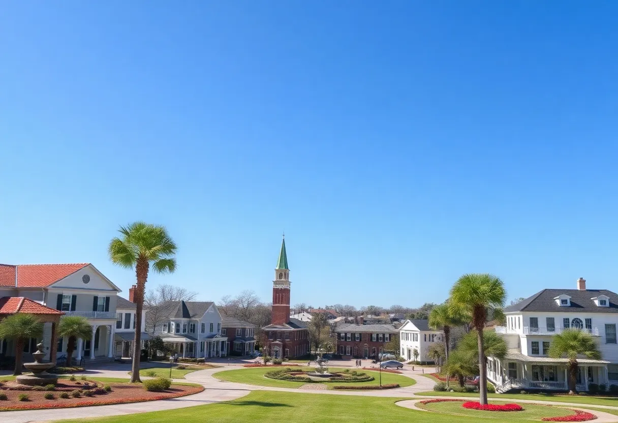 Scenic view of a small town in South Carolina with historic buildings and natural beauty.
