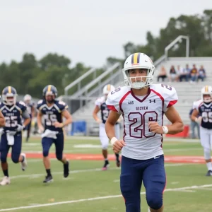 High school football players in action during a game in South Carolina