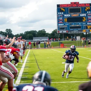 High school football game in South Carolina with players and fans.