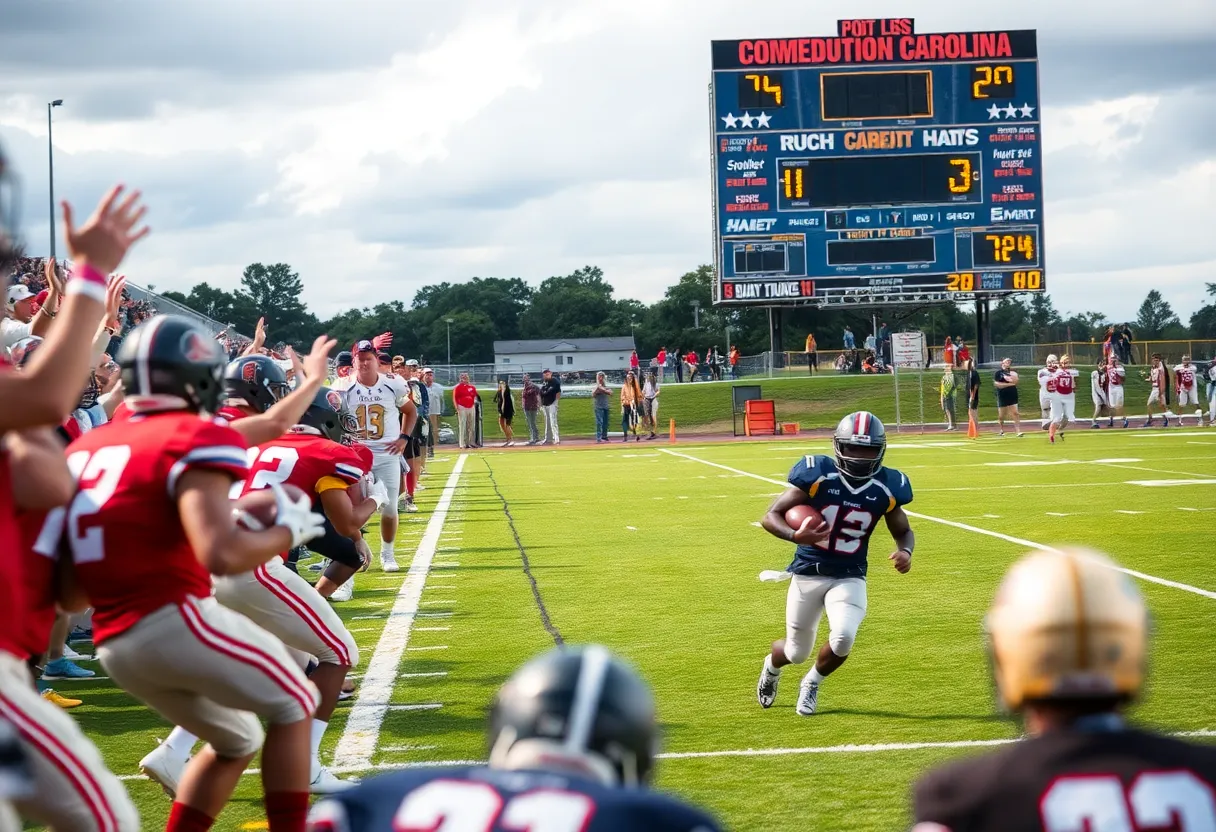 High school football game in South Carolina with players and fans.