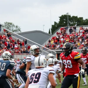 High school football game in South Carolina with players in action