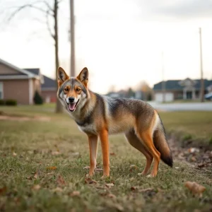 Coyote behaving strangely in a neighborhood setting.