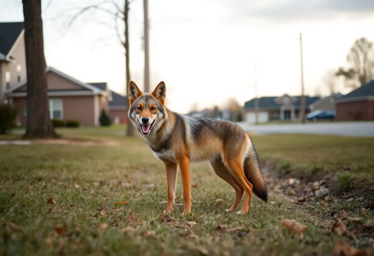 Coyote behaving strangely in a neighborhood setting.