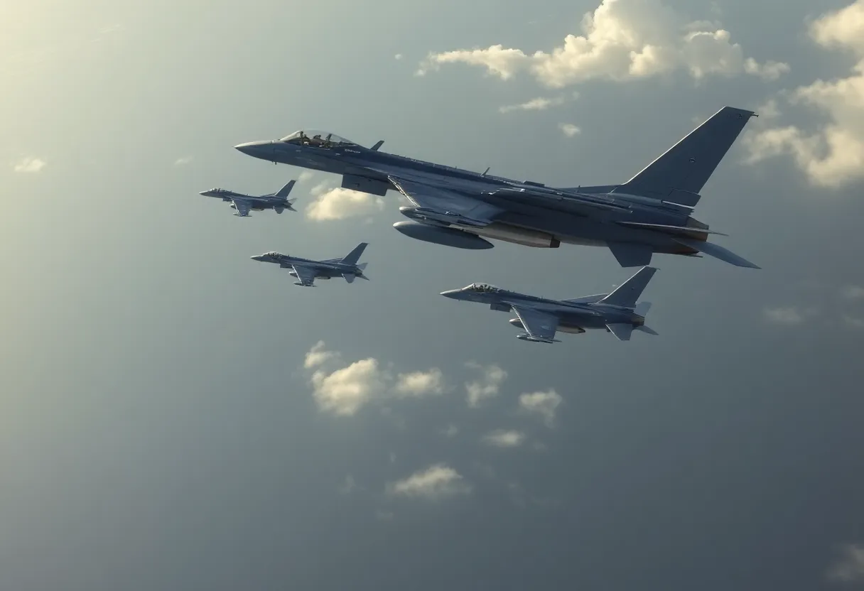 Military jets over the Caribbean Sea symbolizing escalating tensions between Venezuela and the U.S.