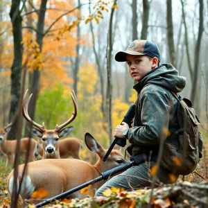 A young hunter in the forest with deer hunting gear