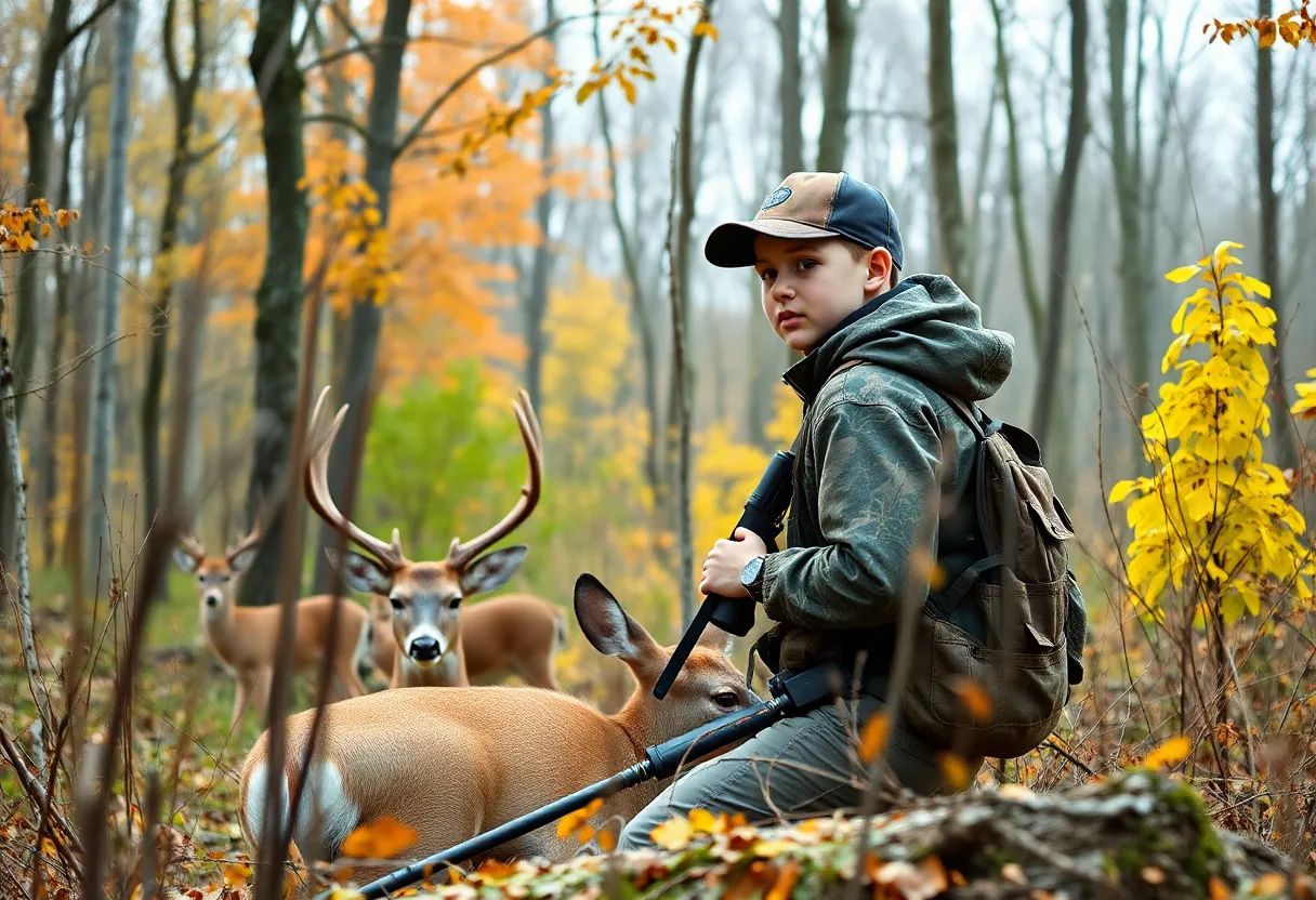 A young hunter in the forest with deer hunting gear