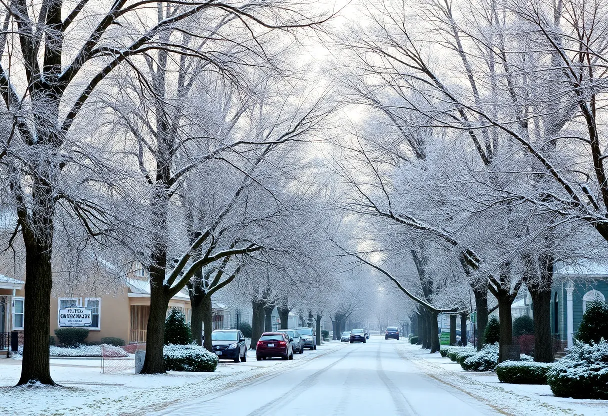 Snow-covered street in Aiken SC during winter preparations