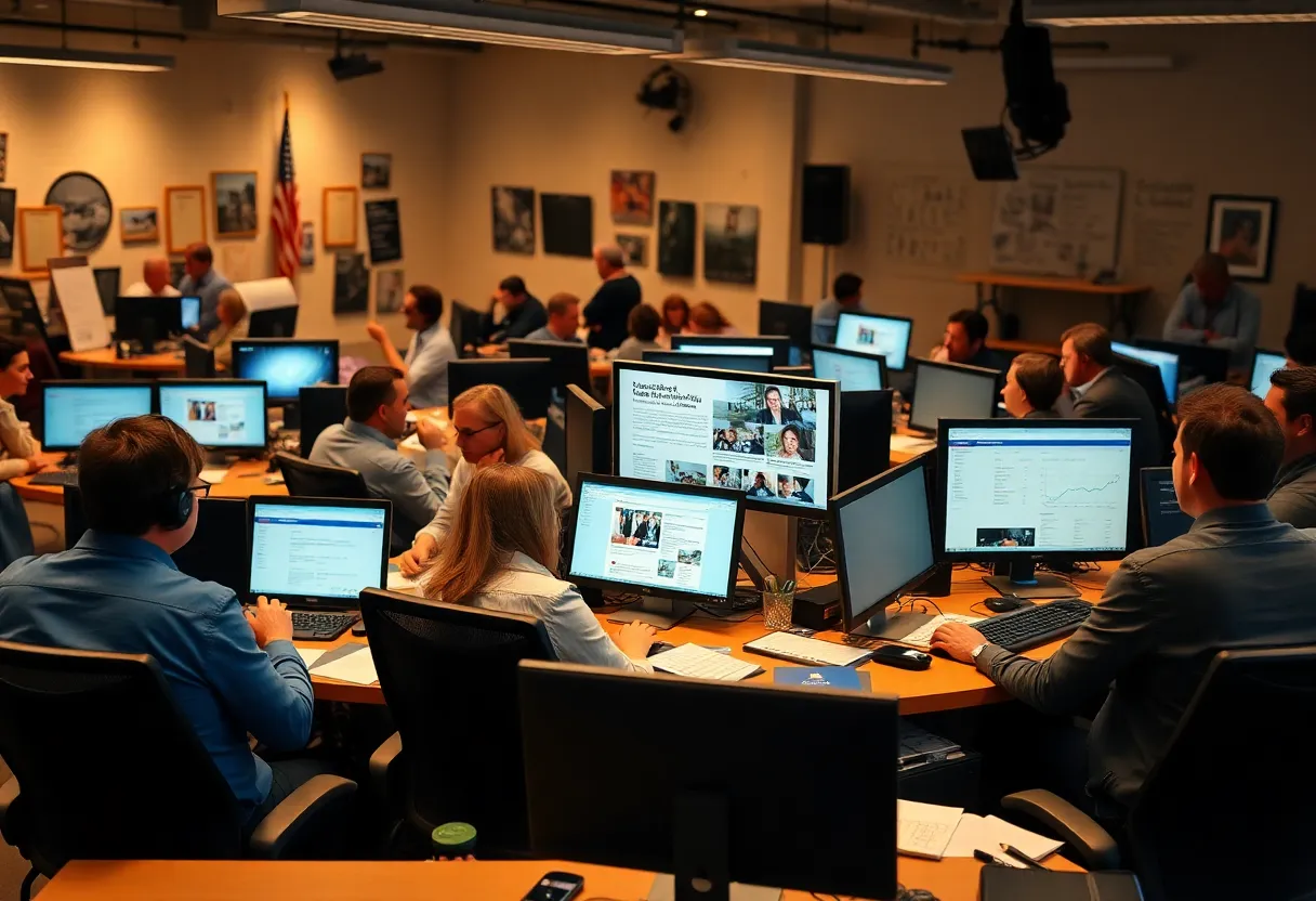 A busy newsroom with journalists working on stories