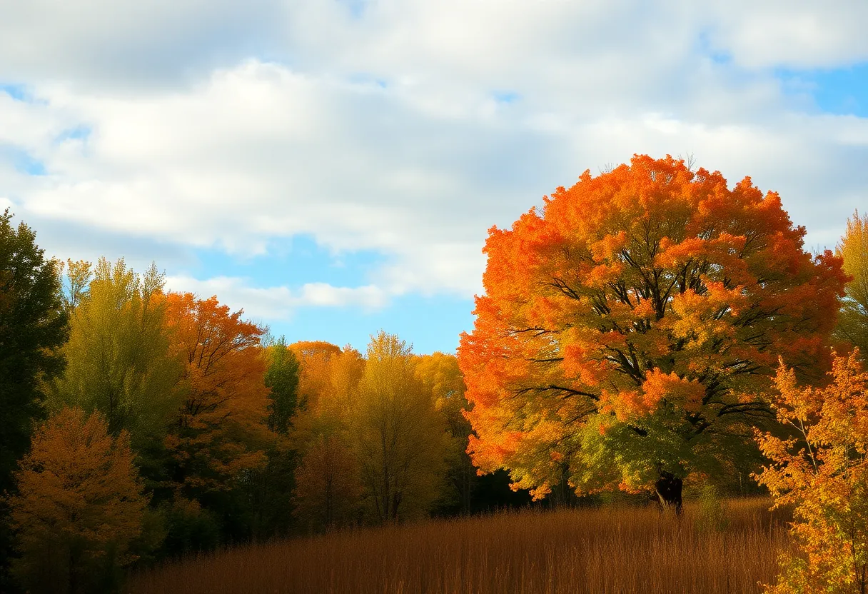 Colorful autumn trees with partly cloudy skies in Newberry
