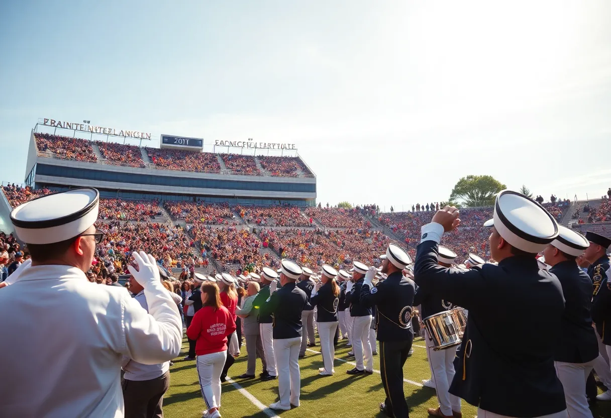 Marching bands performing at the Battle of the Bands event