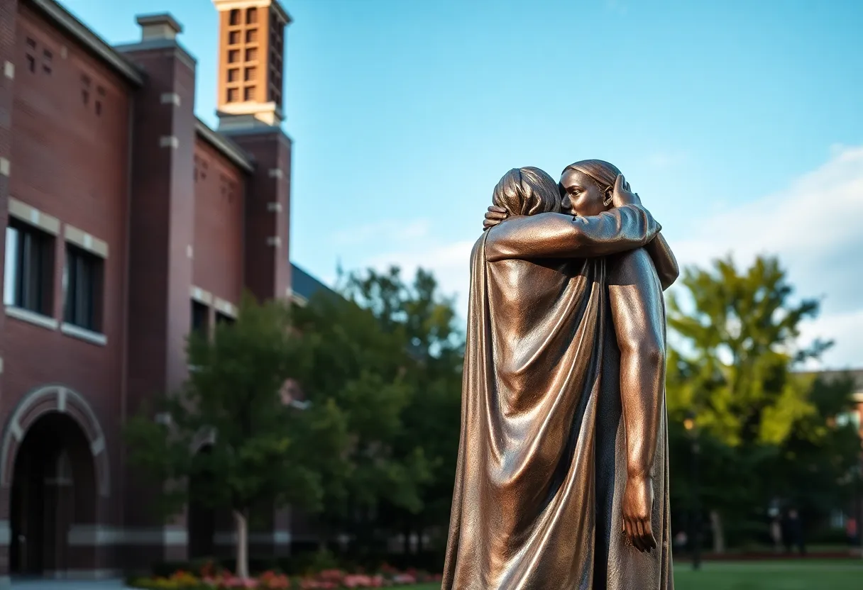 Bronze sculpture representing an embrace between Charlie Kirk and Jesus Christ