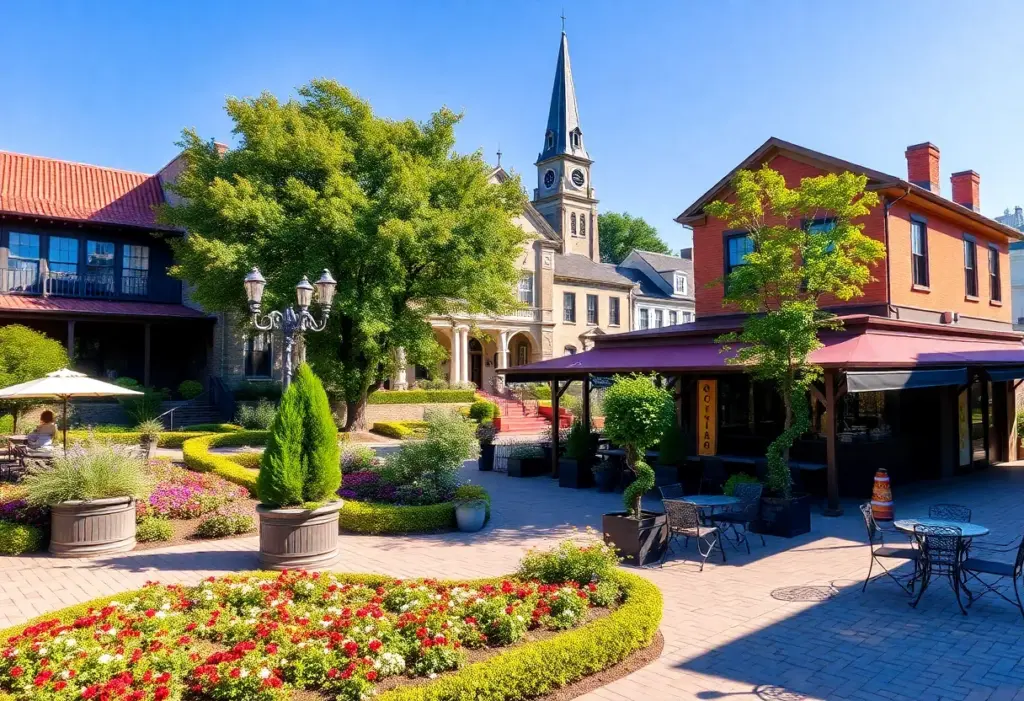 A picturesque view of a Southern town with lush greenery and historic architecture