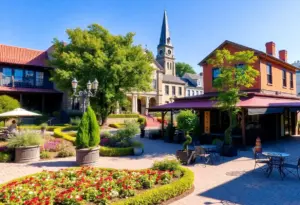 A picturesque view of a Southern town with lush greenery and historic architecture