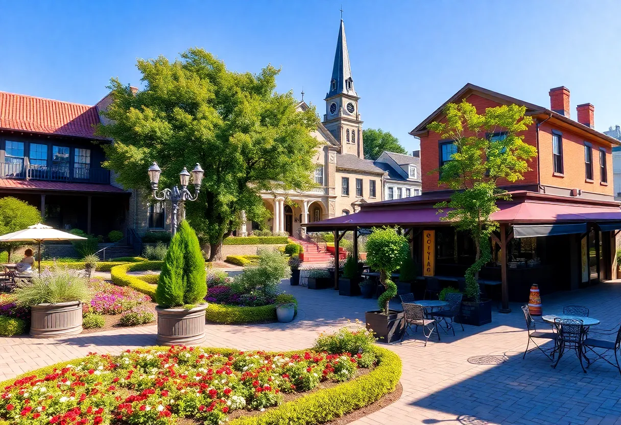 A picturesque view of a Southern town with lush greenery and historic architecture