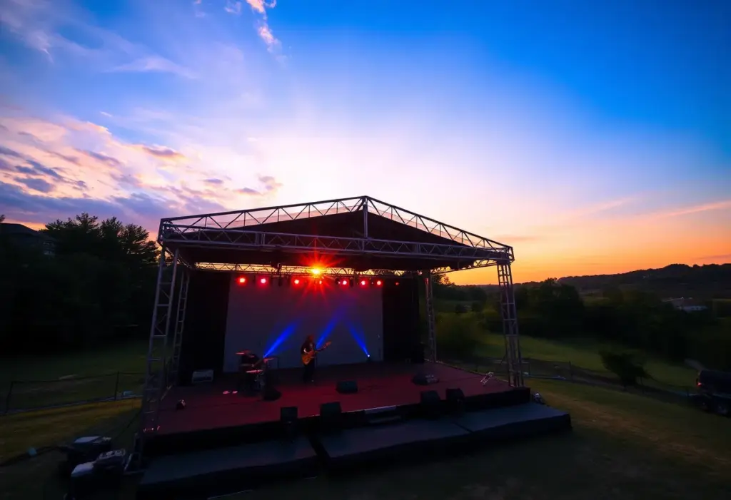 Celebration of life with musical notes and a sunset.