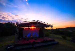 Celebration of life with musical notes and a sunset.