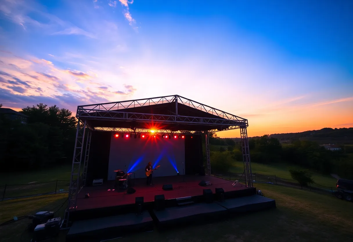 Celebration of life with musical notes and a sunset.