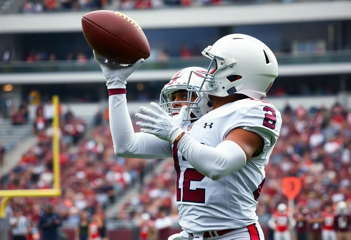 Tight end making a catch in a college football game