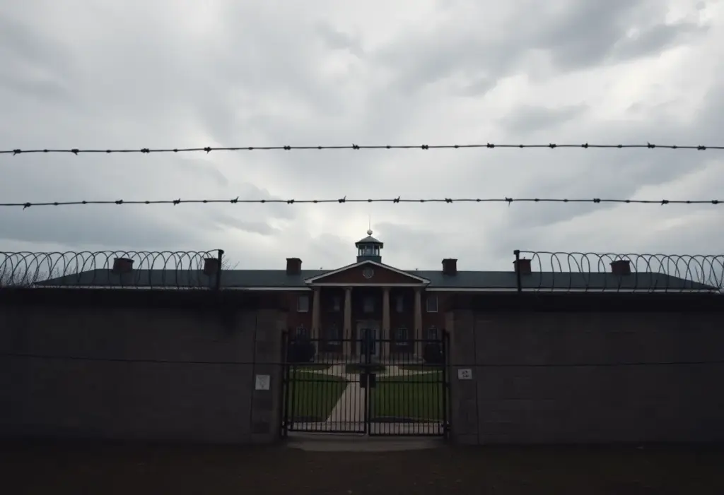 Exterior of a correctional facility with barbed wire under a cloudy sky