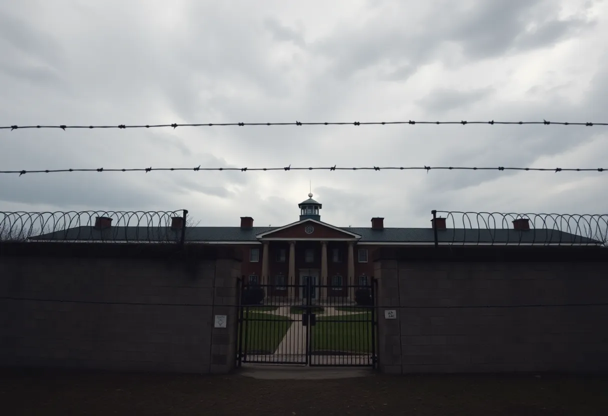 Exterior of a correctional facility with barbed wire under a cloudy sky