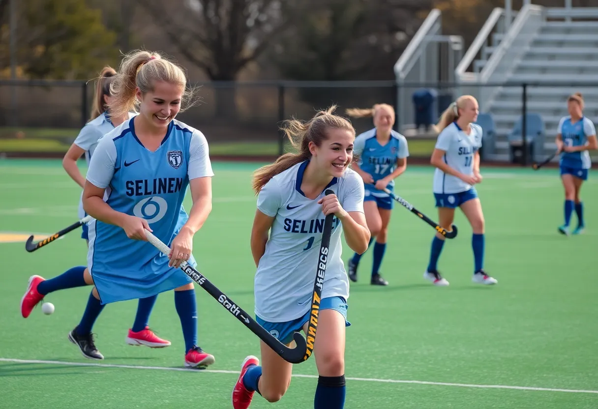 Field hockey players celebrating a victory in a match
