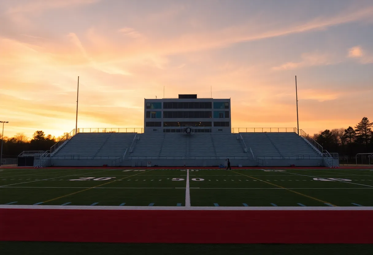 An empty college football field during sunset