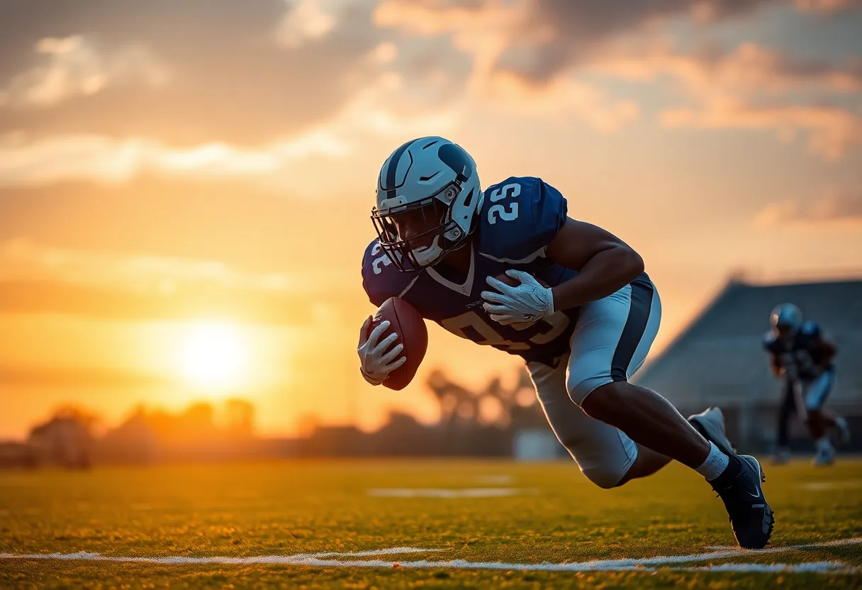 Tight end in action on a football field at sunset.