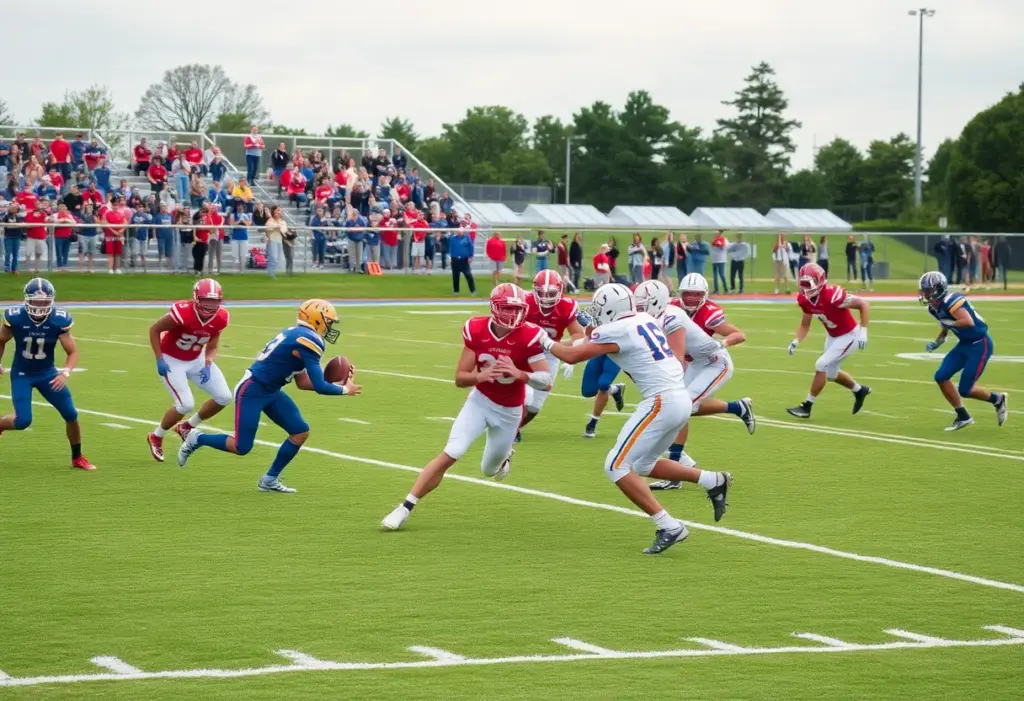 A dynamic moment from a high school football game showcasing players in action and enthusiastic fans.