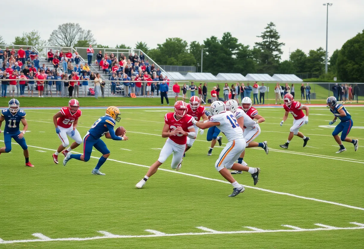 A dynamic moment from a high school football game showcasing players in action and enthusiastic fans.
