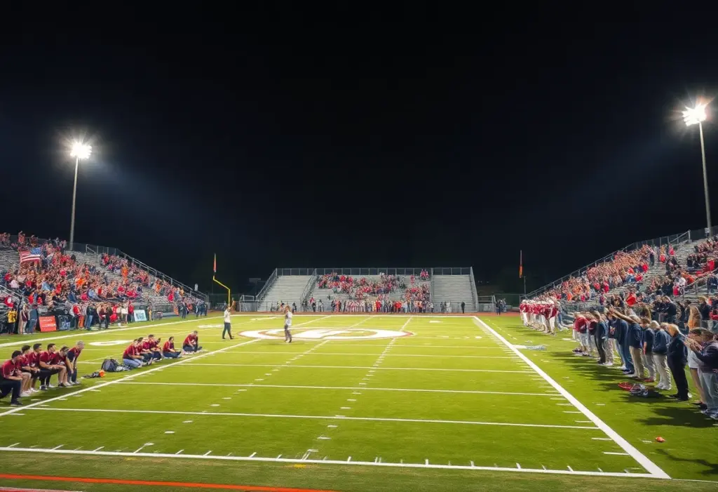 Football game with fans cheering under stadium lights