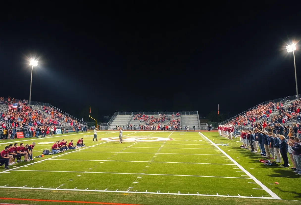 Football game with fans cheering under stadium lights