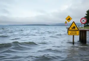 Picture of a lake with warning signs due to wind advisory