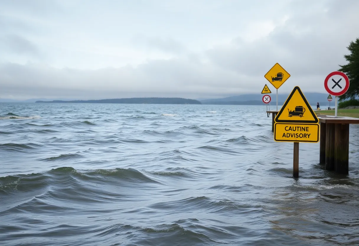 Picture of a lake with warning signs due to wind advisory