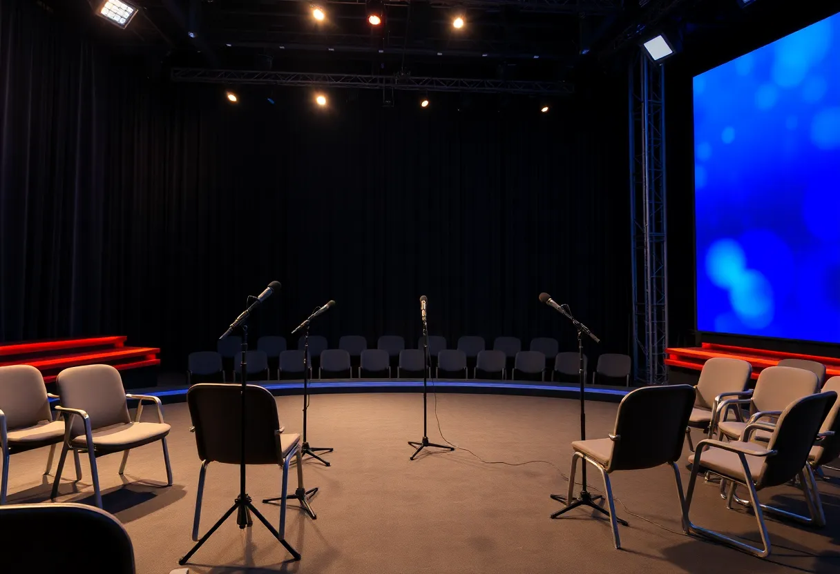 An empty late-night talk show stage representing suspension and controversy.
