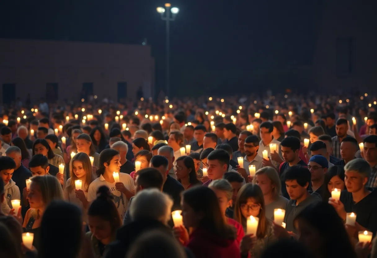 Attendees at the memorial service lighting candles and showing support.