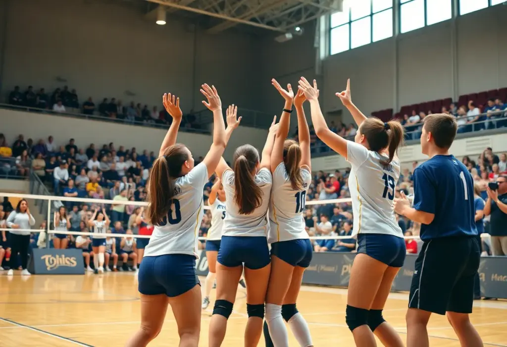 Mid-Carolina Lady Rebels volleyball team celebrating their match victory