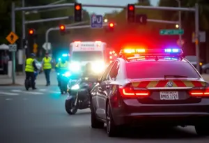 Emergency responders at the scene of a motorcycle accident with police presence