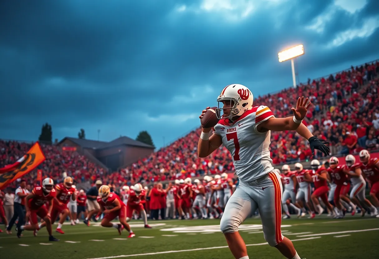 Players from NCAA Division III football teams competing in a dynamic match.