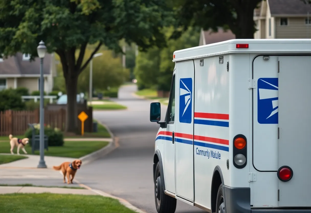 Scenic view of a neighborhood with a post truck and dogs in the background