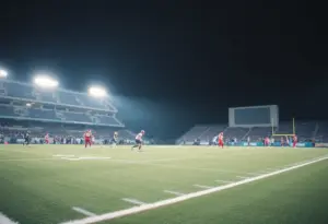 Newberry Academy football team playing against King Academy under stadium lights