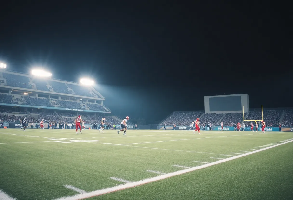 Newberry Academy football team playing against King Academy under stadium lights