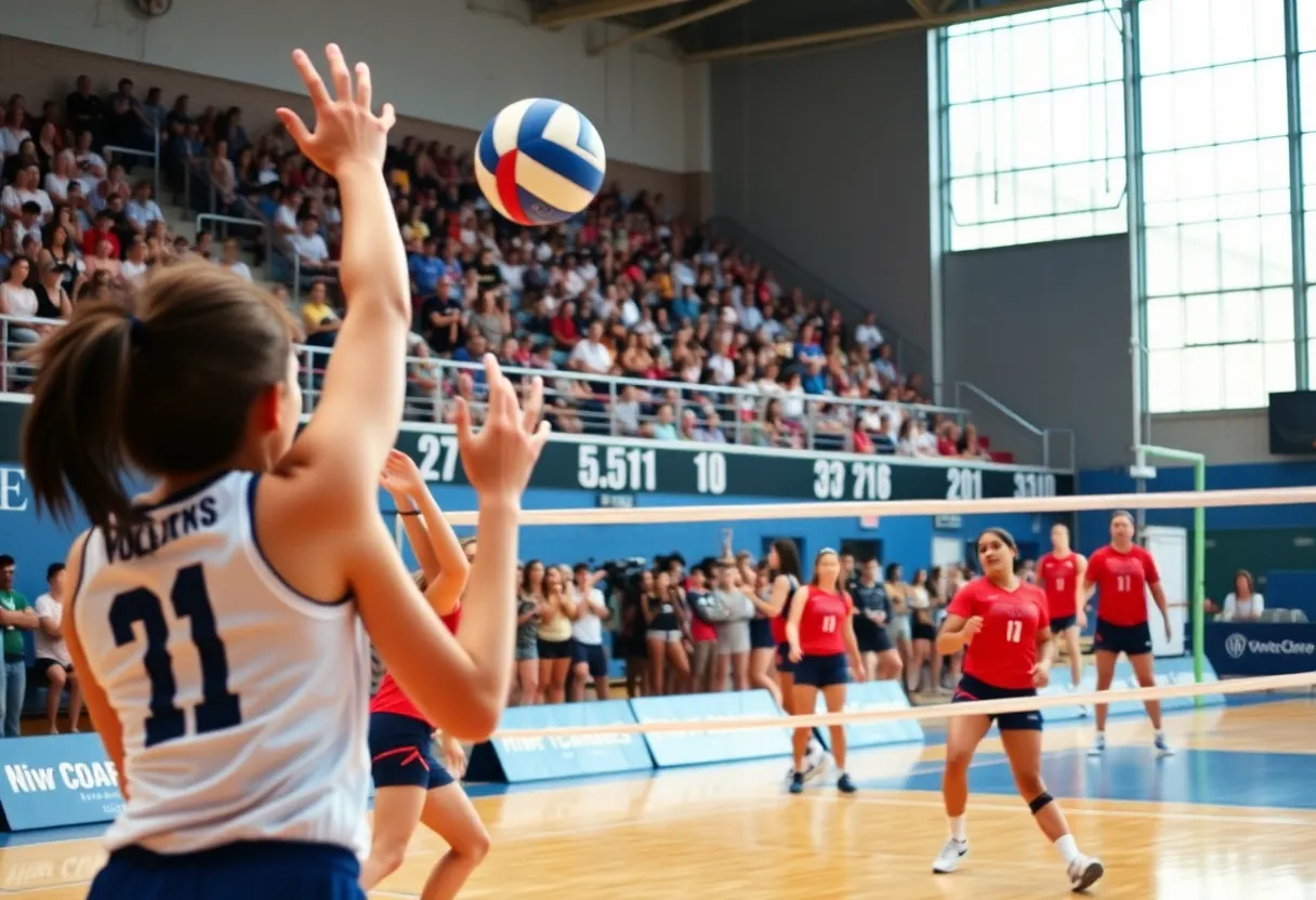 Players from Newberry Academy and Curtis Baptist engaged in a volleyball match