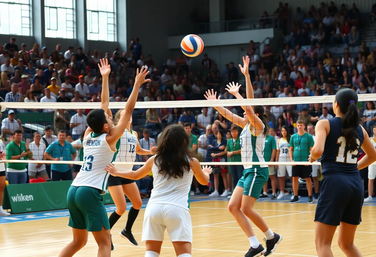 Players from Newberry Academy and Curtis Baptist engaged in a volleyball match.