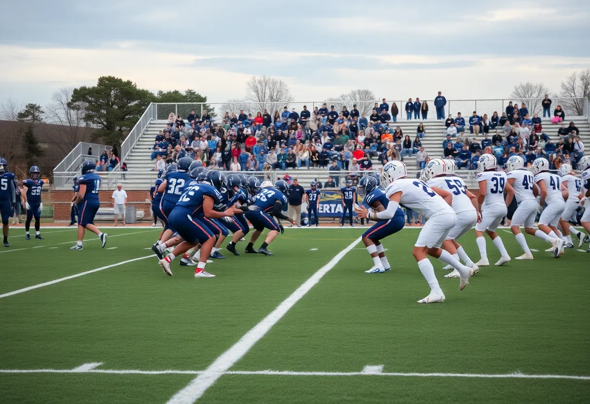 High school football teams Newberry Academy and Wardlaw Academy preparing for a game on the field