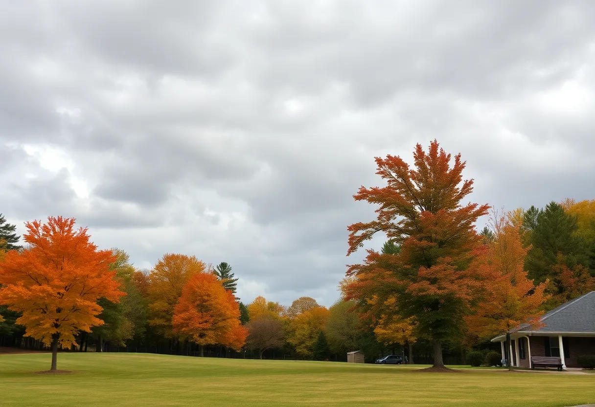Overcast skies above fall foliage in Newberry, SC