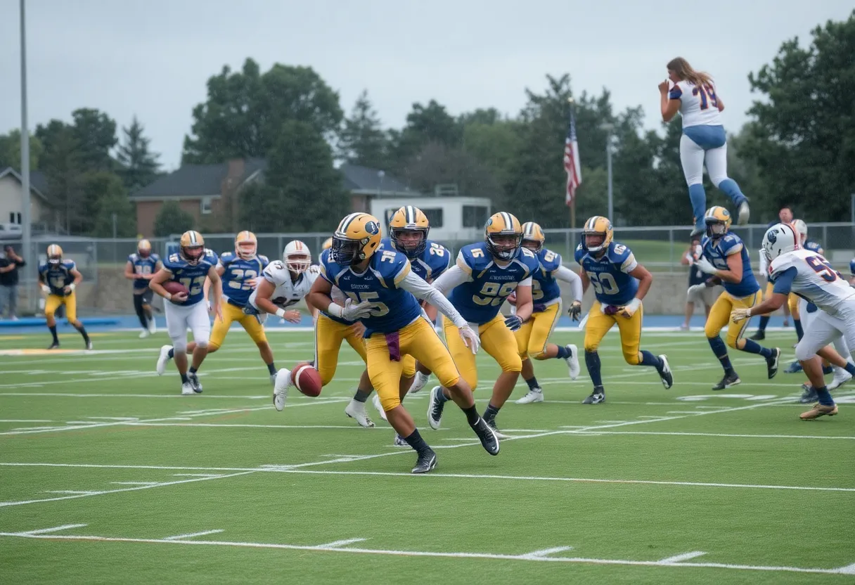 Newberry Bulldogs football team in action during a rainy game against Saluda Tigers.