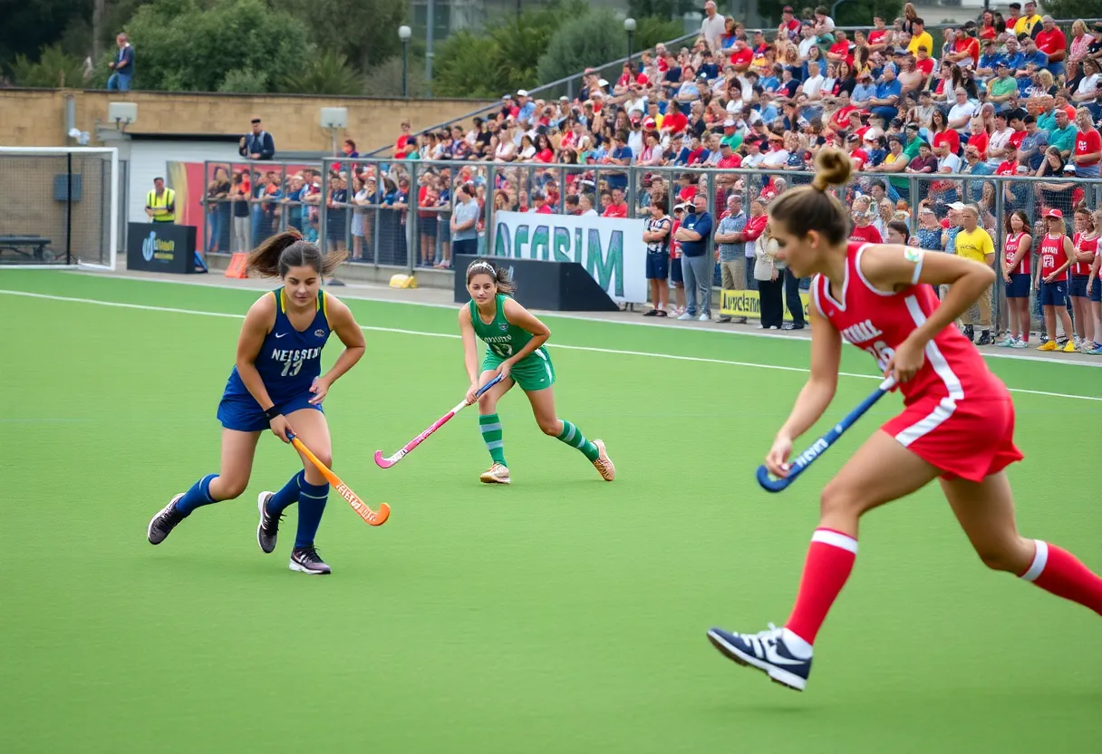 Field hockey players from Newberry College celebrating a goal during a match