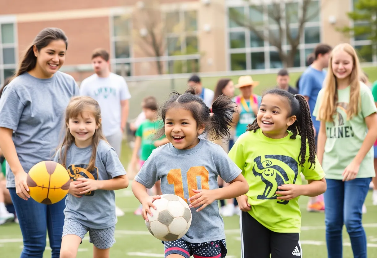 Volunteers assist special needs athletes during a sports event