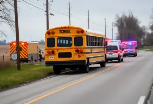 Scene of a school bus crash in Newberry County with emergency responders present.