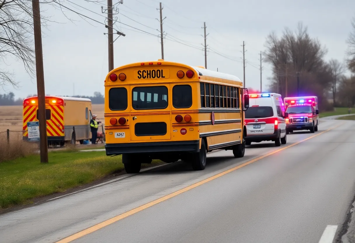 Scene of a school bus crash in Newberry County with emergency responders present.